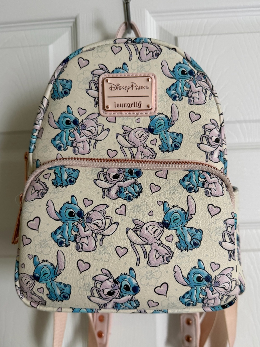 Loungefly Cream Mini Backpack with Blue & Pink Stitch and Angel Print